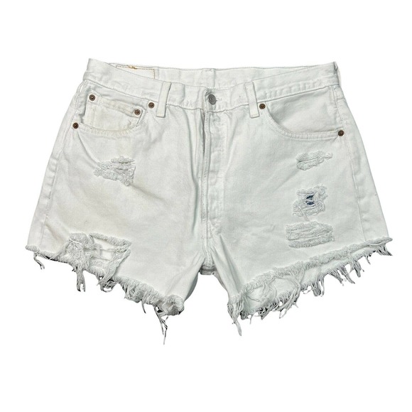 Levi's Pants - Levi’s Distressed Cut Off High Rise Frayed VTG 501 White Denim Shorts 10/12